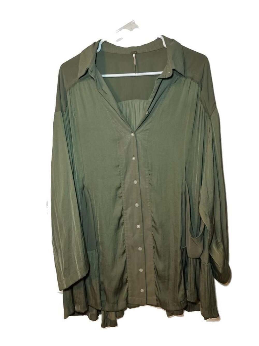 Free People Moonstruck Oversized Boho Ruffle Hem Shirtdress in Army Green